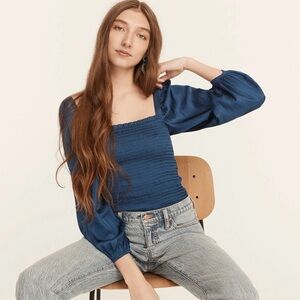 J. Crew Squareneck Smocked Satin Cropped Top